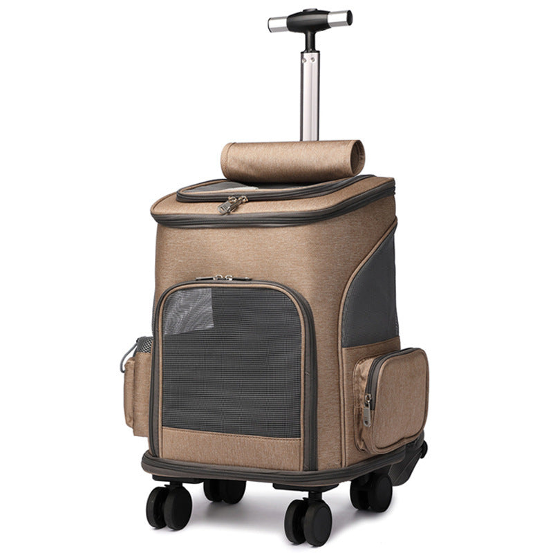 A portable traveling backpack pet carrier with wheels and a telescopic handle, primarily in gray color, designed for small to medium-sized pets.