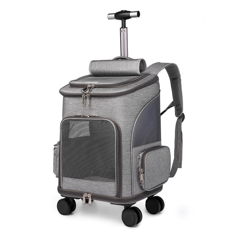 A portable traveling backpack pet carrier with wheels and a telescopic handle, primarily in gray color, designed for small to medium-sized pets.
