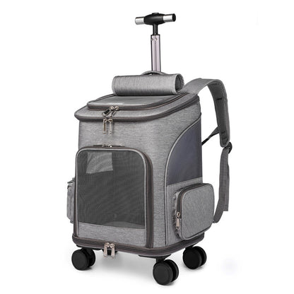 A portable traveling backpack pet carrier with wheels and a telescopic handle, primarily in gray color, designed for small to medium-sized pets.