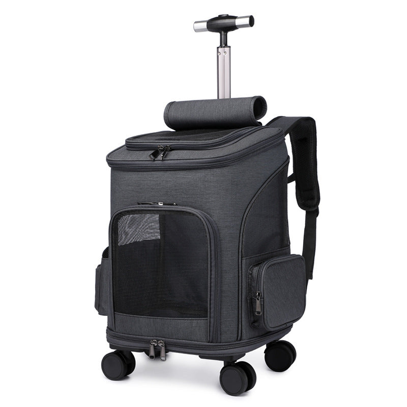 A portable traveling backpack pet carrier with wheels and a telescopic handle, primarily in gray color, designed for small to medium-sized pets.