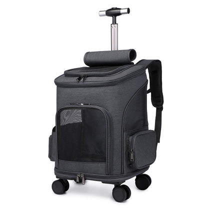 A portable traveling backpack pet carrier with wheels and a telescopic handle, primarily in gray color, designed for small to medium-sized pets.