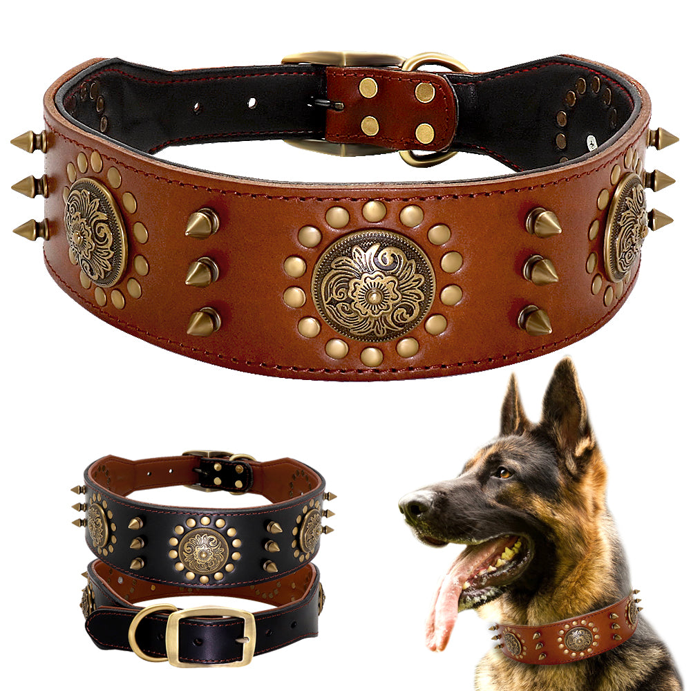 Studded design leather smooth dog collar