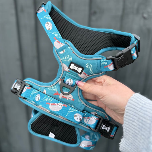 Lazy Sloth No Pull Tactical Dog Harness – Blue Teal Sloth Print, Adjustable, Step-In (Small-XL) 🦥