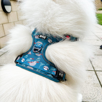 Lazy Sloth No Pull Tactical Dog Harness – Blue Teal Sloth Print, Adjustable, Step-In (Small-XL) 🦥