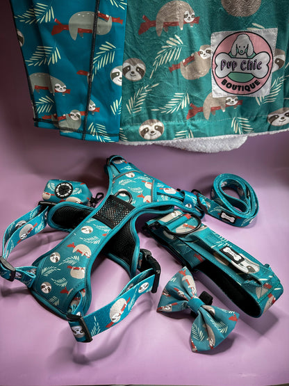 Lazy Sloth No Pull Tactical Dog Harness – Blue Teal Sloth Print, Adjustable, Step-In (Small-XL) 🦥
