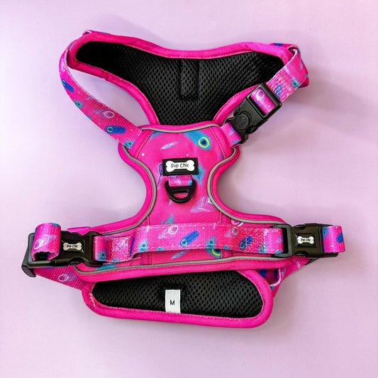 Peacock Power No Pull Tactical Dog Harness – Pink Peacock Feather Print, Adjustable, Step-In (Small-XL)