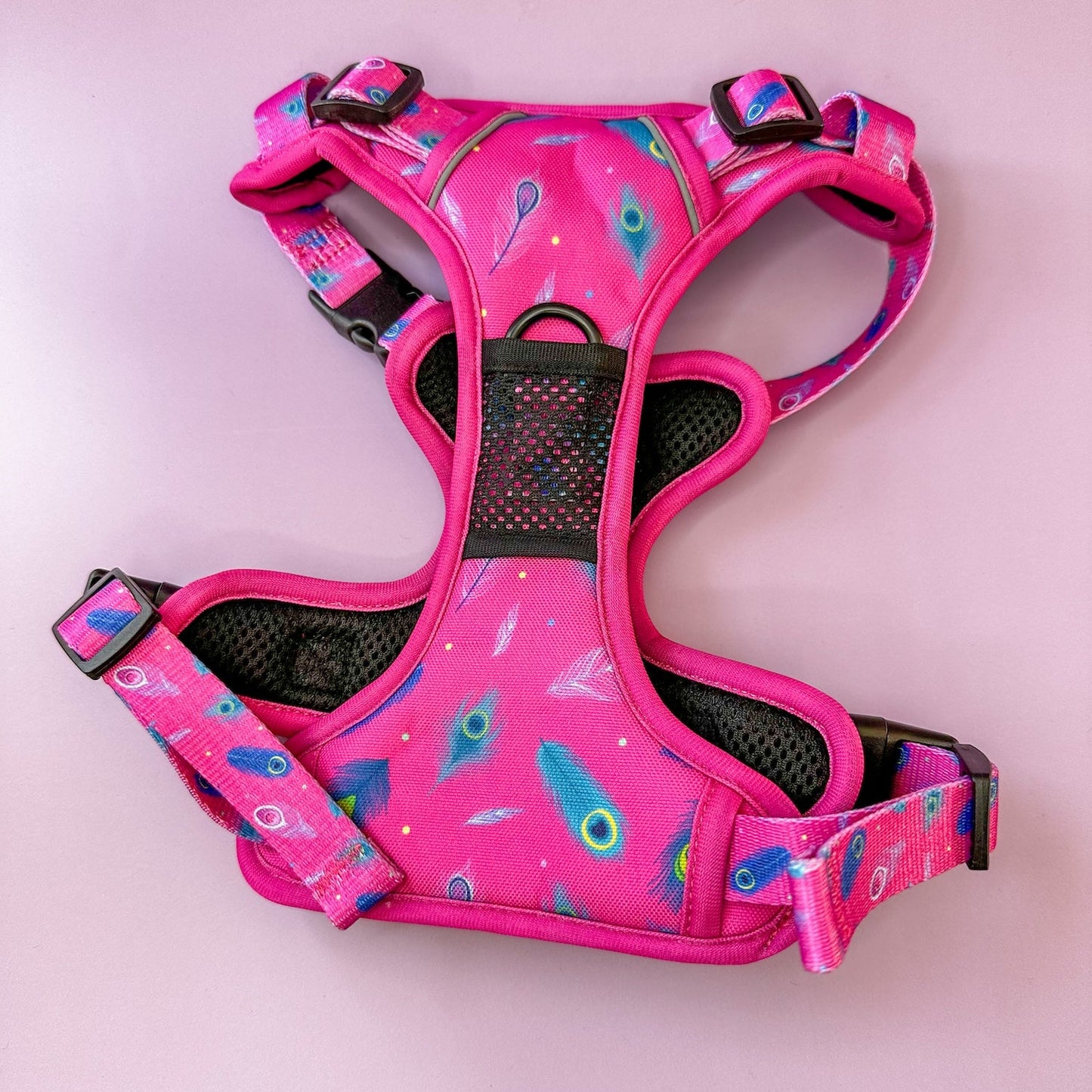 Peacock Power No Pull Tactical Dog Harness – Pink Peacock Feather Print, Adjustable, Step-In (Small-XL)
