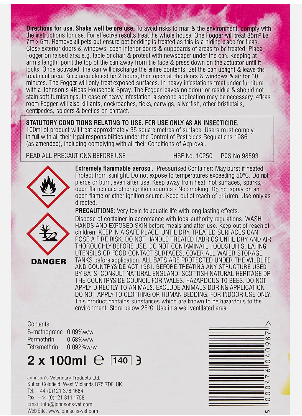 Johnson's veterinary 4fleas dual action room fogger 2x100ml