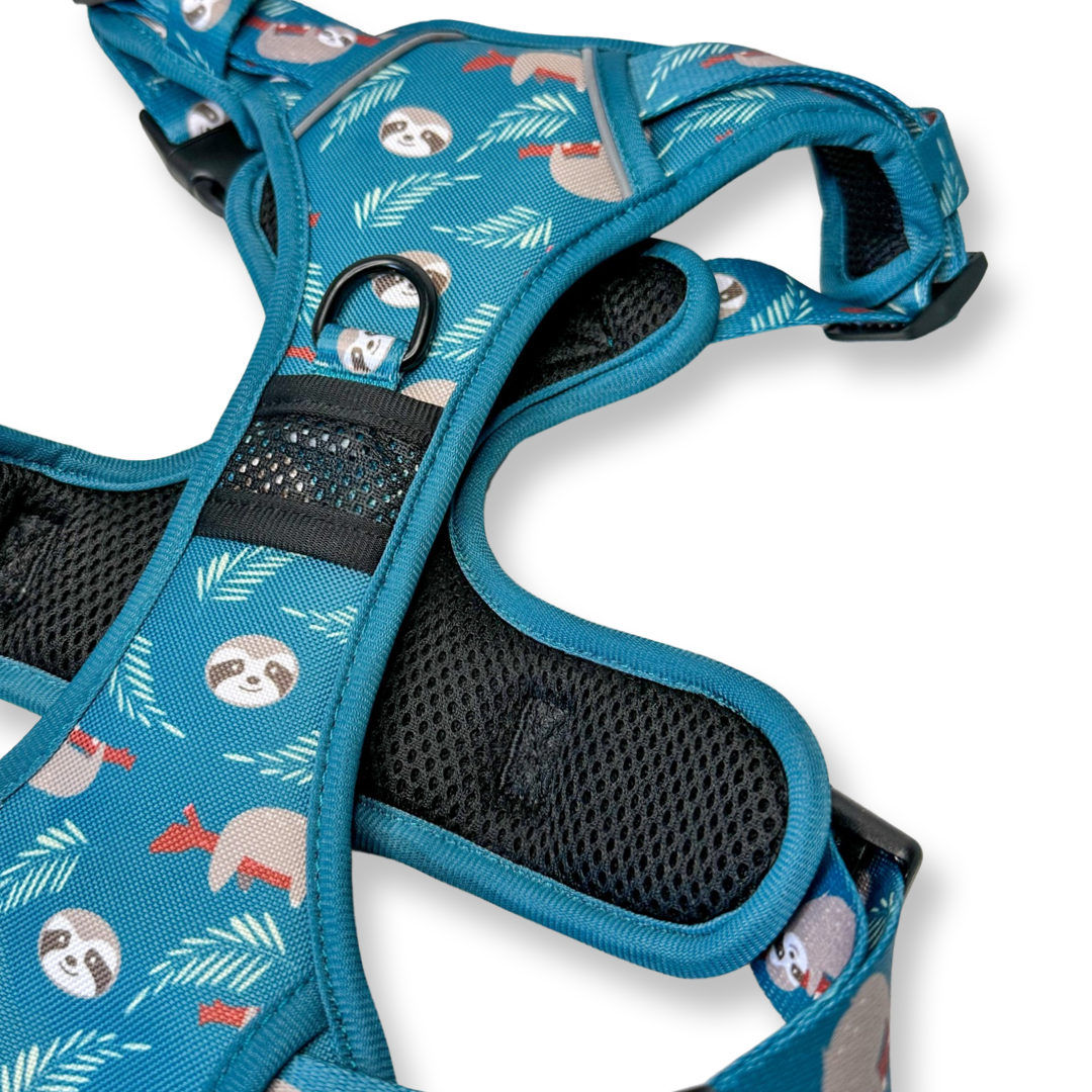 Lazy Sloth No Pull Tactical Dog Harness – Blue Teal Sloth Print, Adjustable, Step-In (Small-XL) 🦥