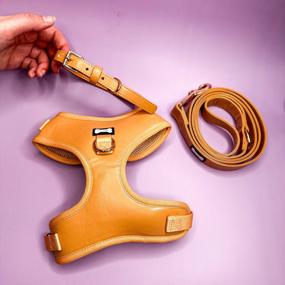 Alfresco Pup faux leather dog harness - camel colour adjustable dog harness - Pet Supplier Store