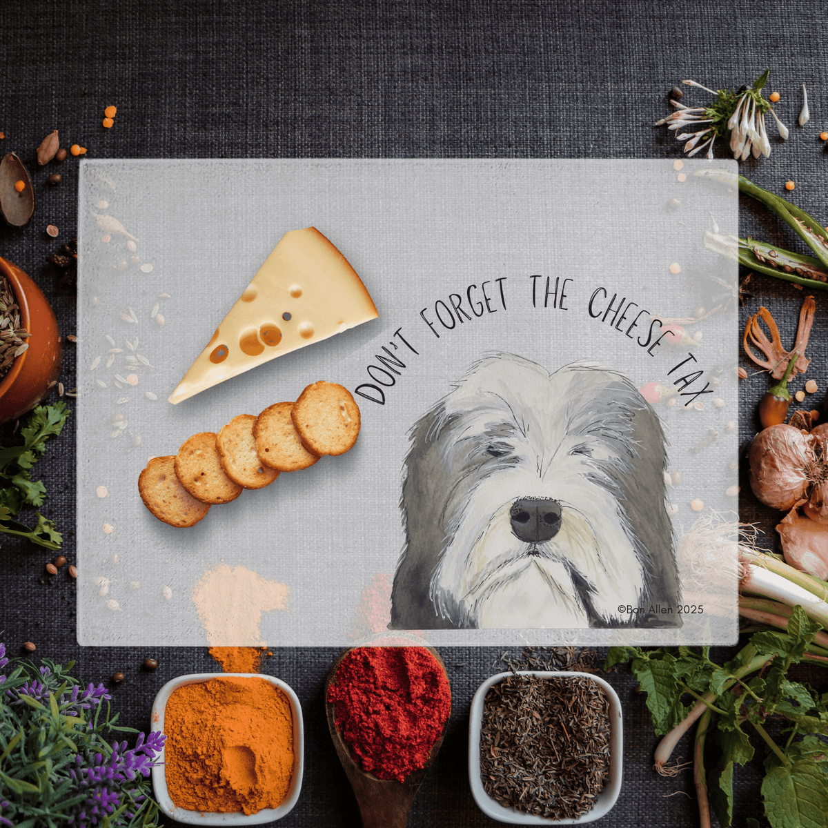 Cheese Tax Enforcer – Bearded Collie Chopping Board of Justice - Pet Supplier Store