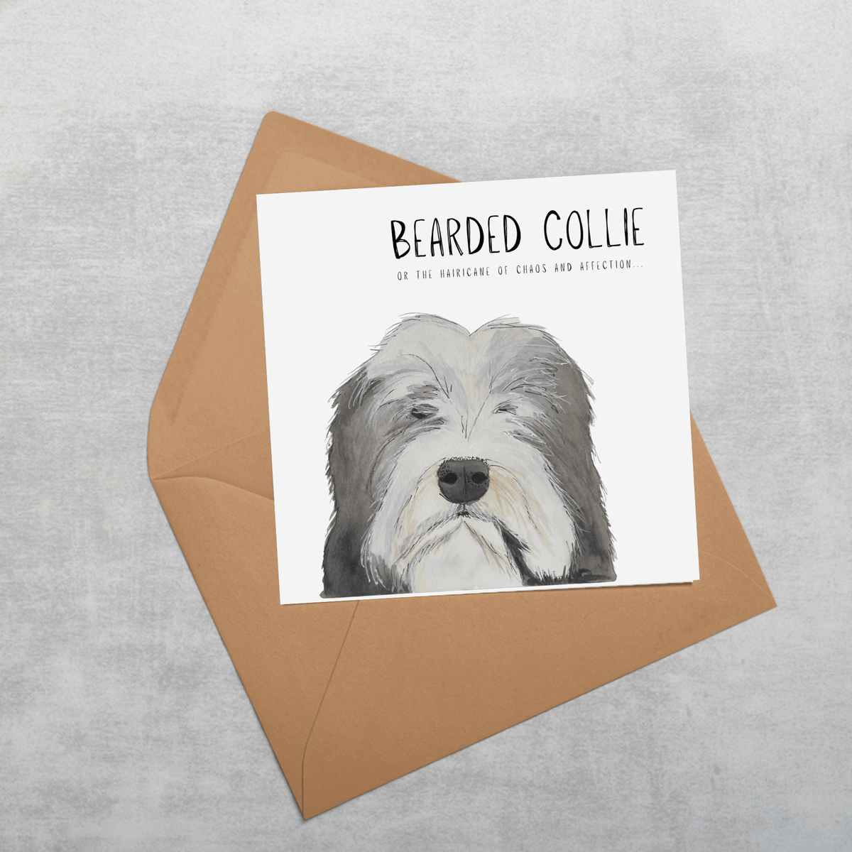 Hairy Wishes & Tailspins: Bearded Collie Greeting Card - Pet Supplier Store