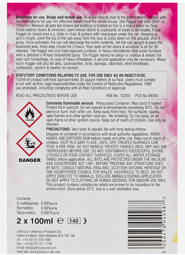 Johnson's veterinary 4fleas dual action room fogger 2x100ml - Pet Supplier Store