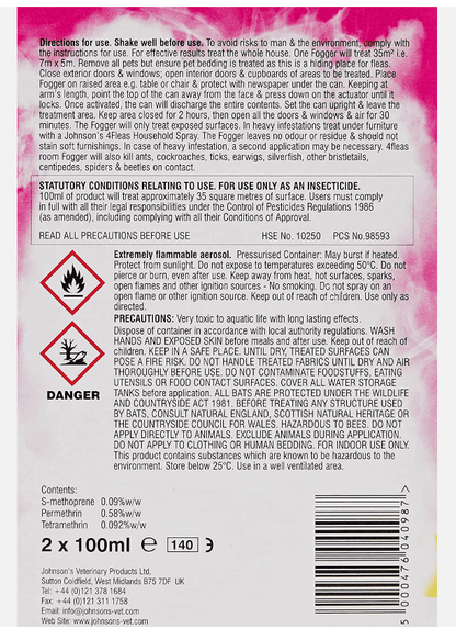 Johnson's veterinary 4fleas dual action room fogger 2x100ml - Pet Supplier Store