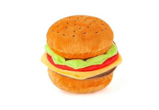 Plush toy shaped like a hamburger on a white background
