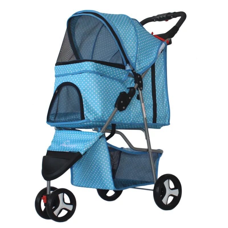 A black pet stroller with three wheels designed for carrying pets. The stroller features a mesh window on the side and a handle for pushing.