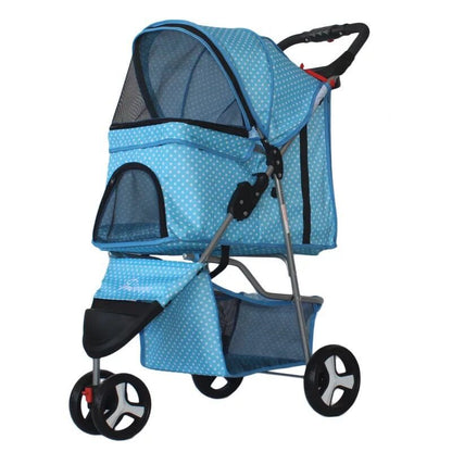 A black pet stroller with three wheels designed for carrying pets. The stroller features a mesh window on the side and a handle for pushing.