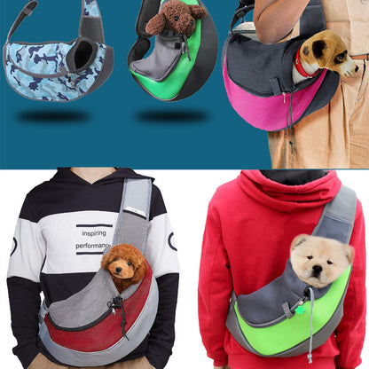 A collage of images showcasing different colors and patterns of the Out and About Shoulder Pet Carrier, with pets like dogs and cats inside.
