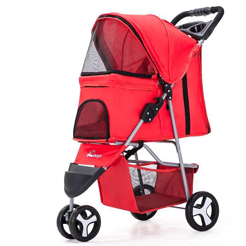 A black pet stroller with three wheels designed for carrying pets. The stroller features a mesh window on the side and a handle for pushing.