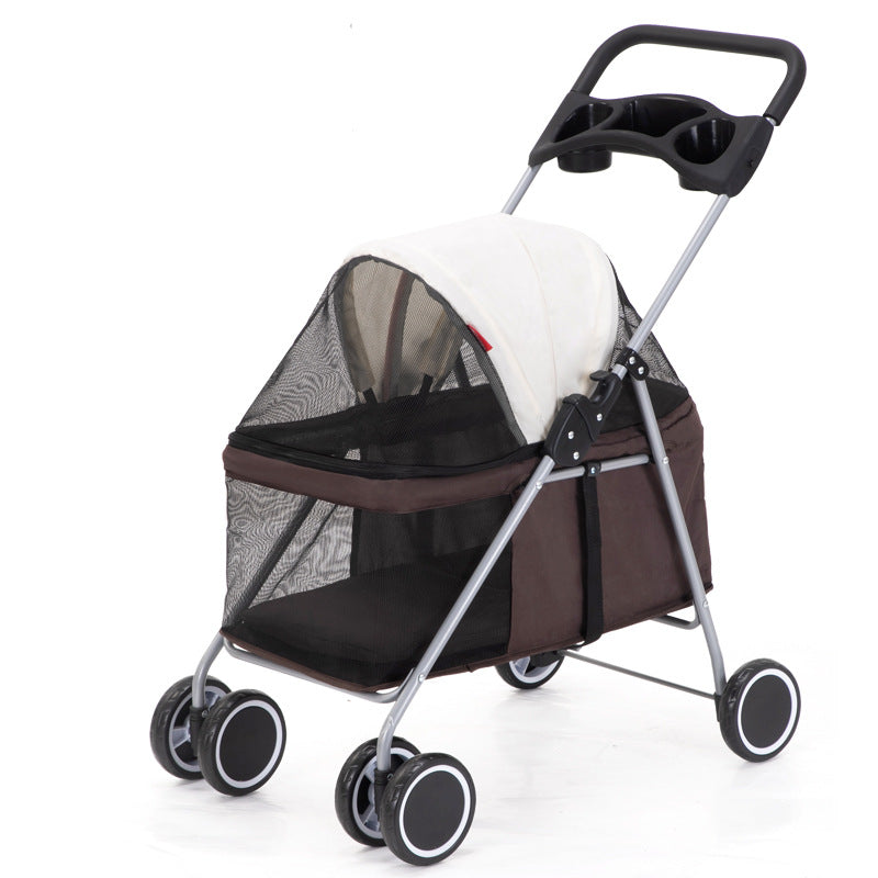 A lightweight foldable pet stroller in dark blue color, shown in both folded and unfolded positions with a mesh side panel.