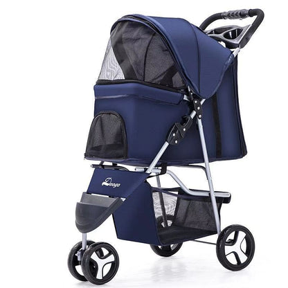 A black pet stroller with three wheels designed for carrying pets. The stroller features a mesh window on the side and a handle for pushing.