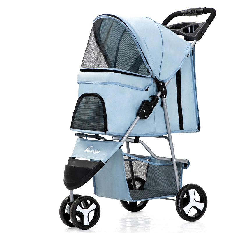 A black pet stroller with three wheels designed for carrying pets. The stroller features a mesh window on the side and a handle for pushing.