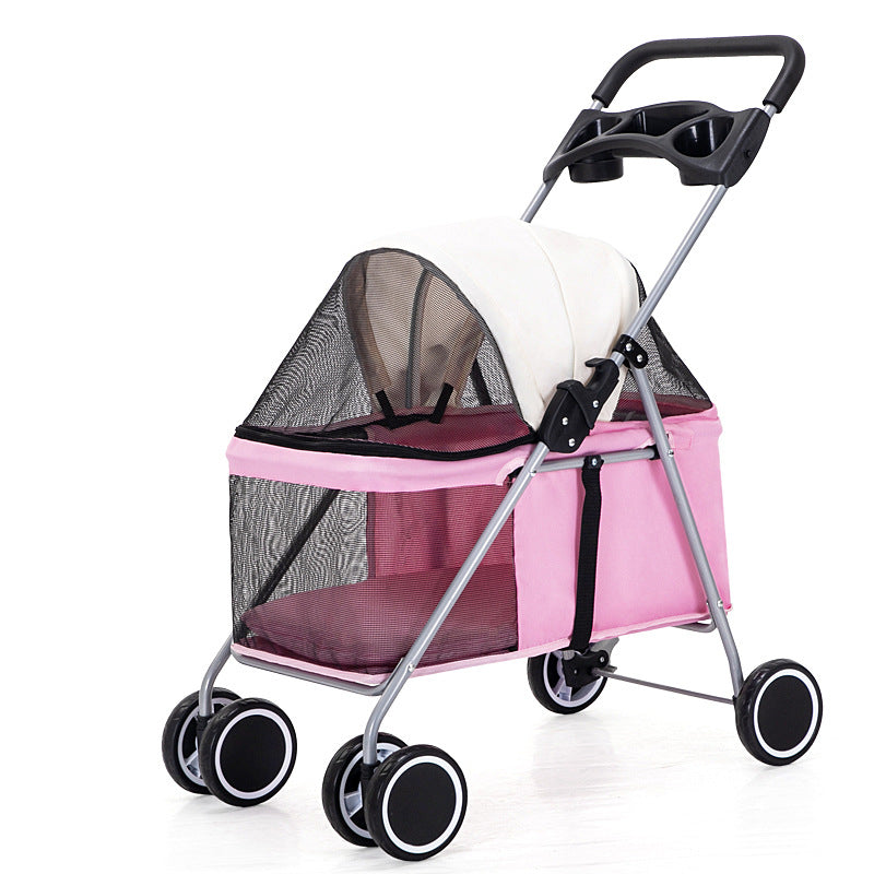 A lightweight foldable pet stroller in dark blue color, shown in both folded and unfolded positions with a mesh side panel.