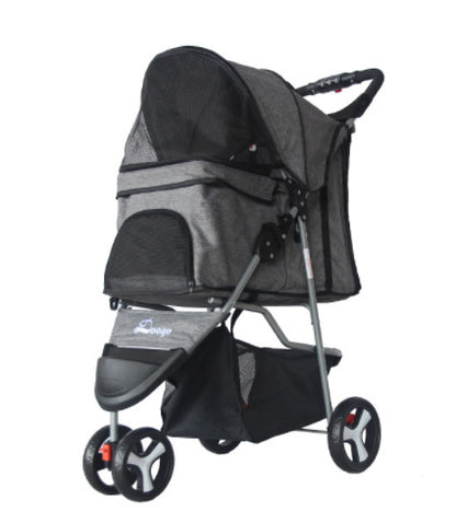 A black pet stroller with three wheels designed for carrying pets. The stroller features a mesh window on the side and a handle for pushing.