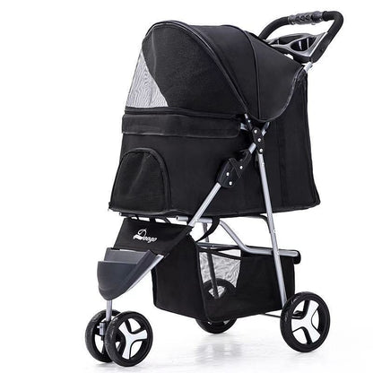 A black pet stroller with three wheels designed for carrying pets. The stroller features a mesh window on the side and a handle for pushing.