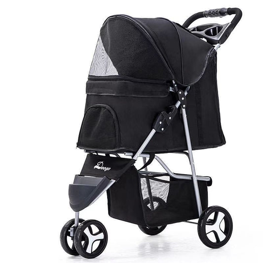 A black pet stroller with three wheels designed for carrying pets. The stroller features a mesh window on the side and a handle for pushing.