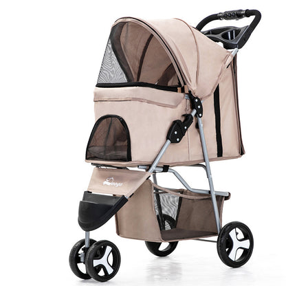 A black pet stroller with three wheels designed for carrying pets. The stroller features a mesh window on the side and a handle for pushing.