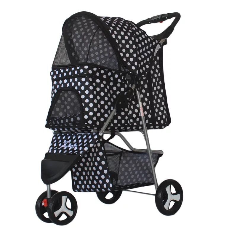 A black pet stroller with three wheels designed for carrying pets. The stroller features a mesh window on the side and a handle for pushing.