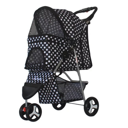 A black pet stroller with three wheels designed for carrying pets. The stroller features a mesh window on the side and a handle for pushing.