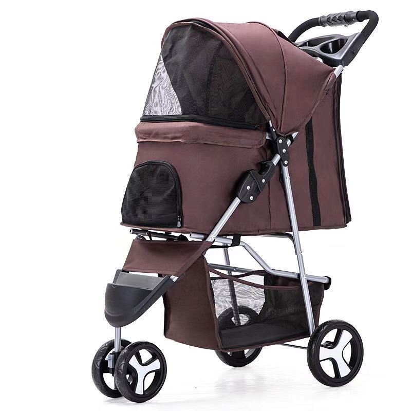 A black pet stroller with three wheels designed for carrying pets. The stroller features a mesh window on the side and a handle for pushing.