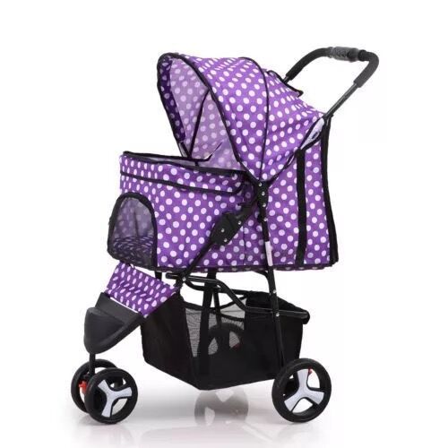 A black pet stroller with three wheels designed for carrying pets. The stroller features a mesh window on the side and a handle for pushing.