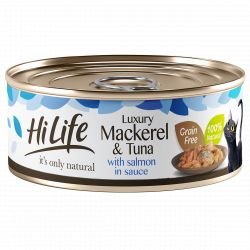 HiLife It's Only Natural Luxury Mackerel & Tuna, with salmon in sauce 70g - Pet Supplier Store